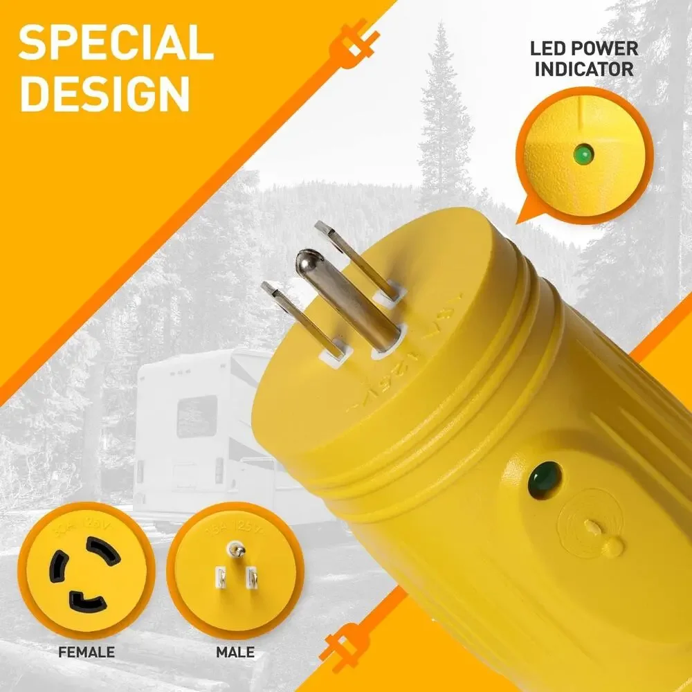 Marvine R/V Boat Shore Power Adapter w LED 15 Amp To 30 Amp Nema Twist and Lock